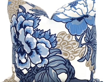 Blue Chinoiserie Floral Pillow Cover: Thibaut Honshu Linen Blend