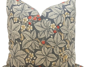 William Morris Sanderson Bramble Linen Pillow Cover: Slate Blue Raspberry Design