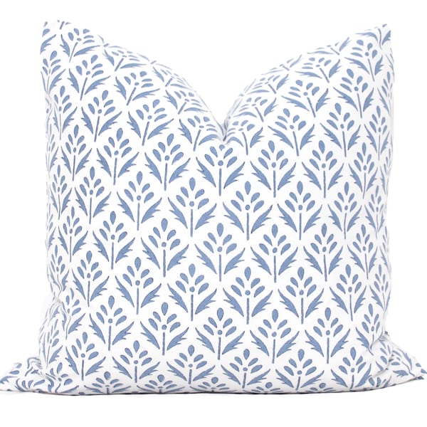 Light Blue Feather Block Print Decorative Pillow Cover, Throw Pillow, Accent Pillow, Pillow Sham 18x18 20x20 22x22 24x24 lumbar pillow cover