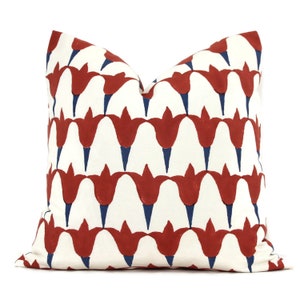 Tulip hand block pint Molly Mahon Decorative Pillow Cover 18x18, 20x20, 22x22, Eurosham or lumbar iron indigo Schumacher, red blue tulip