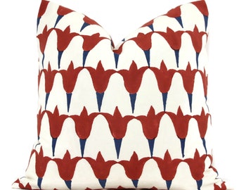 Hand Block Print Tulip Pillow Cover: Red & Blue Floral by Molly Mahon Schumacher