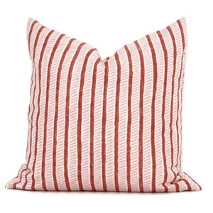Garden path hand block pint Molly Mahon Decorative Pillow Cover 18x18, 20x20, 22x22, Eurosham or lumbar iron rose Schumacher red pink stripe