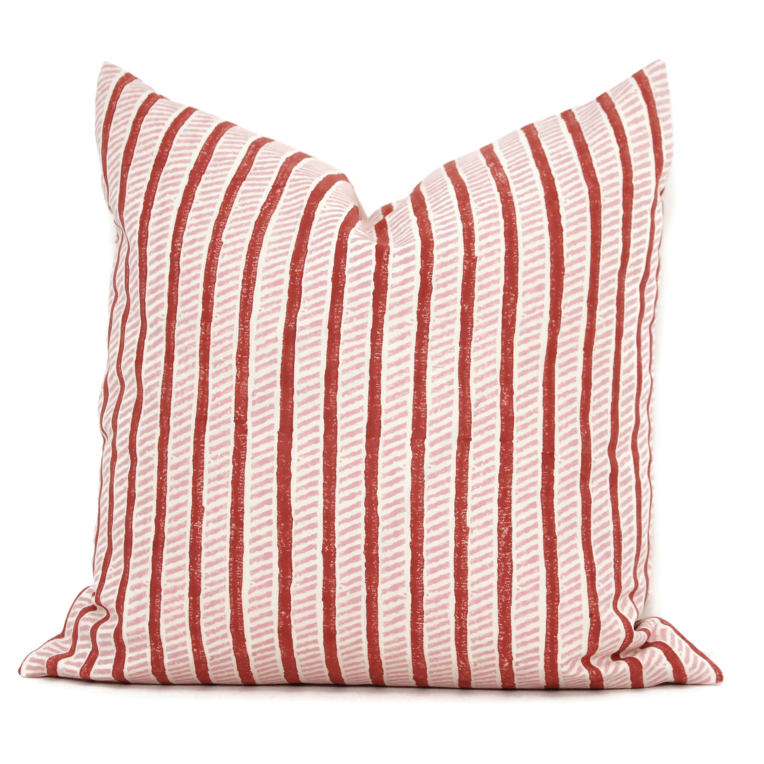 Garden path hand block pint Molly Mahon Decorative Pillow Cover 18x18, 20x20, 22x22, Eurosham or lumbar iron rose Schumacher red pink stripe