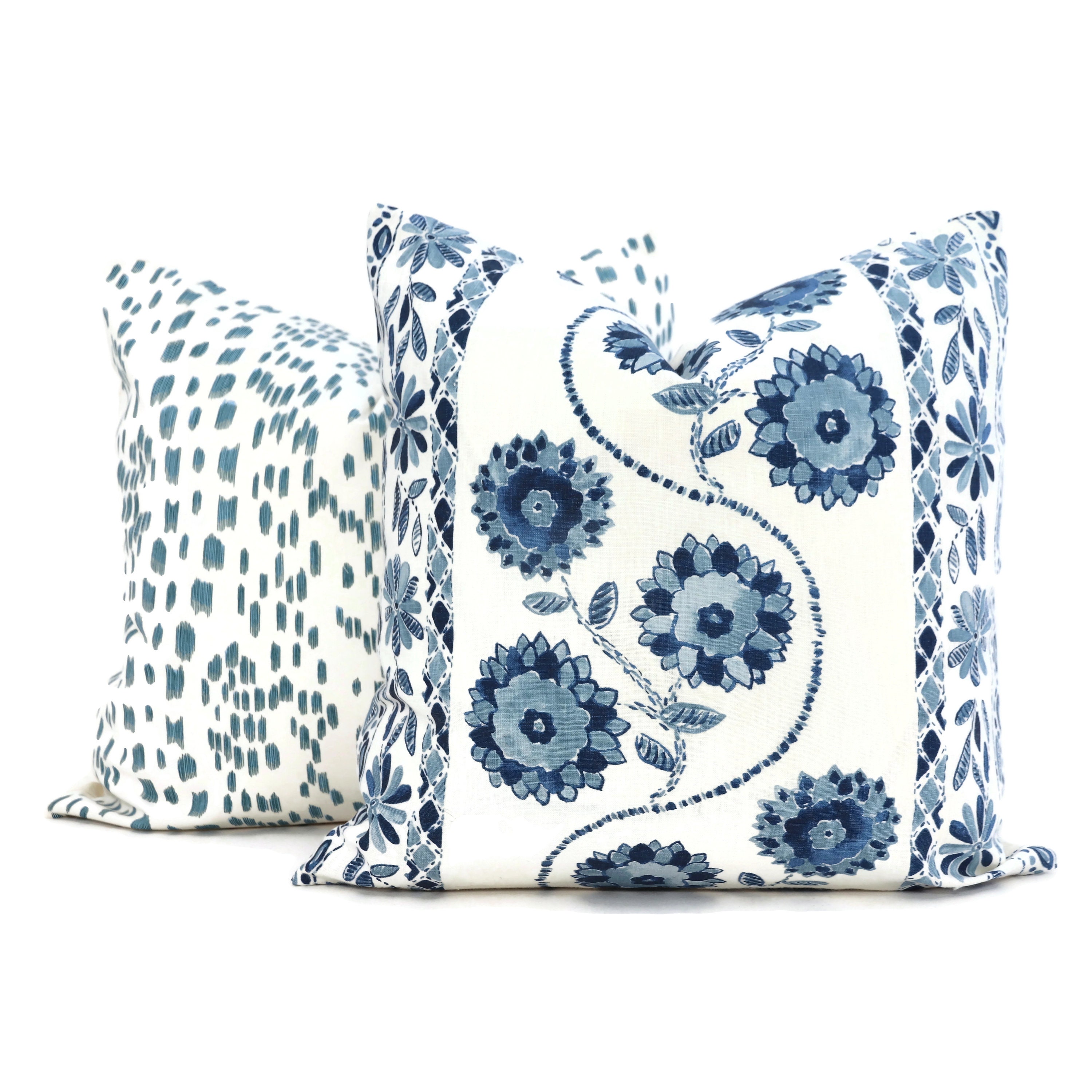 Schumacher Blue Zinnia Handprint Pillow Cover: Floral Toss Pillow