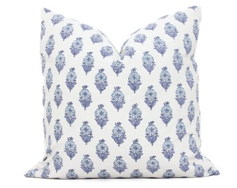 Blue Poppy Block Print Decorative Pillow Cover, 18x18, 20x20, 22x22, 24x24, 26x26,  lumbar pillow  throw pillow, pillow cushion, toss