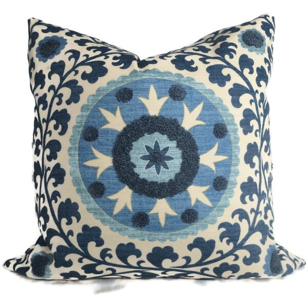 Blue Tufted Tribal Suzani Decorative Pillow Cover 20x20 Pillow, Throw Pillow, Accent Cushion, Blue Suzani