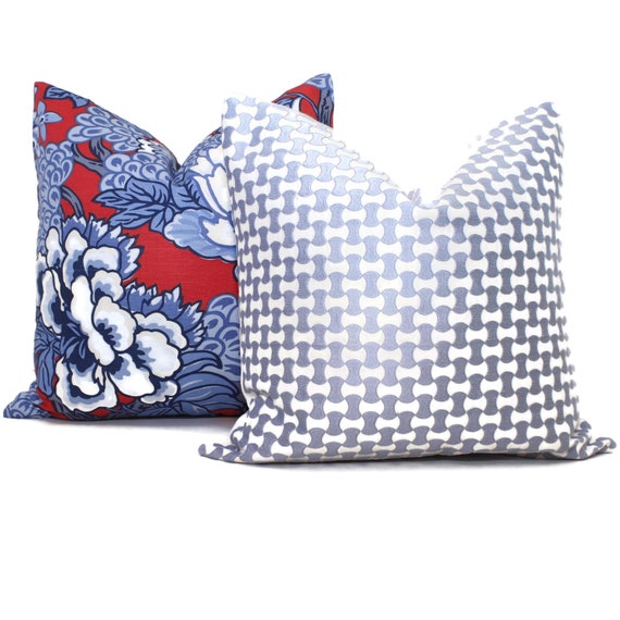 Thibaut Honshu Red and Blue Chinoiserie Floral Decorative Pillow