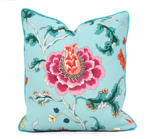 Turquoise Floral Linen Pillow Cover: Magenta Chartreuse Flowers