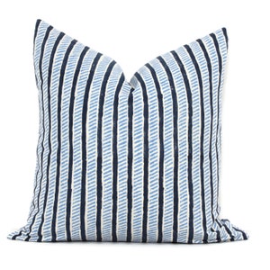 Garden path hand block pint Molly Mahon Decorative Pillow Cover 18x18, 20x20, 22x22, Eurosham or lumbar midnight sky Schumacher blue stripe