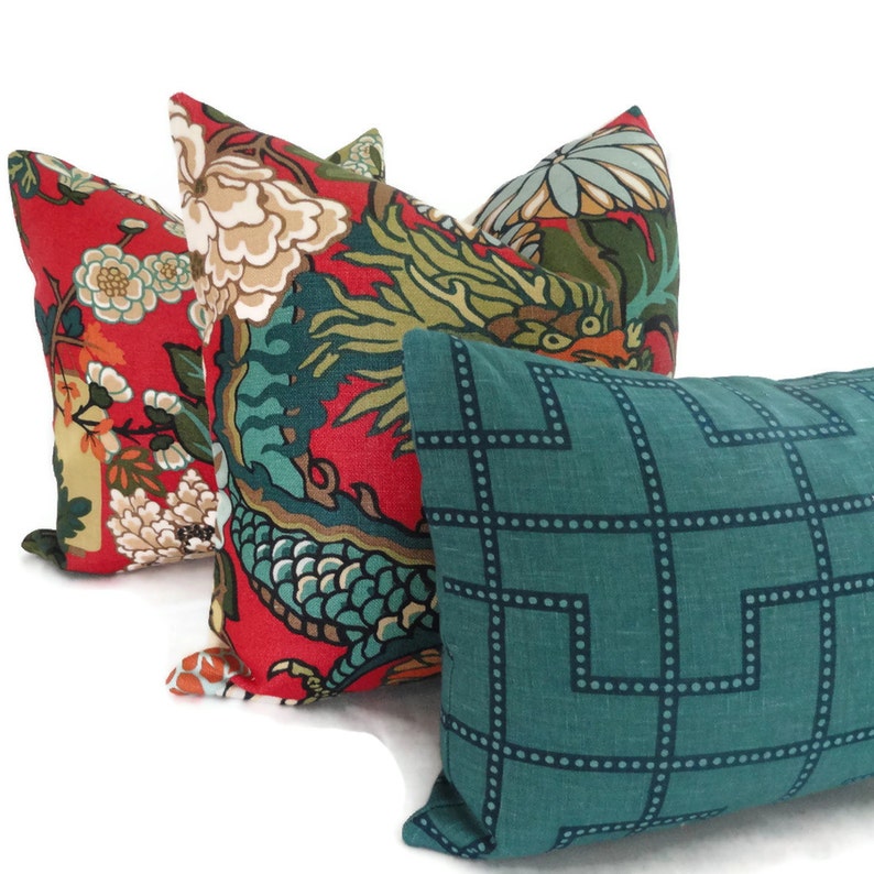 Square or Lumbar pillow Turquoise trellis Schumacher Throw Accent Pillow Celerie Kemble Bleecker Peacock Blue Decorative Pillow Cover