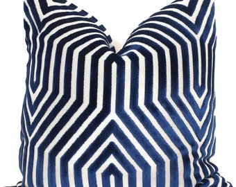 Schumacher Vanderbilt Velvet Pillow Cover: Chevron Blue Decorative Pillow