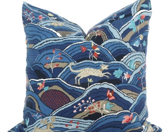 Schumacher Rolling Hills Pillow Cover: Blue Vintage Animal Print
