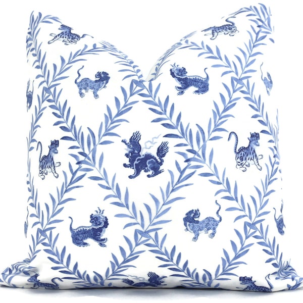 Blue Foo dog and Dragon Decorative Pillow Cover, Throw Pillow, Accent Pillow, Pillow Sham Chinoiserie Blue and white lovers