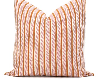 Copper Rose Garden path hand block pint Molly Mahon Decorative Pillow Cover 18x18, 20x20, 22x22, Eurosham or lumbar Schumacher stripe