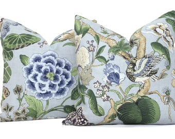 Thibaut Floral Linen Pillow Cover: Spa Blue Bird Hill Garden Cushion