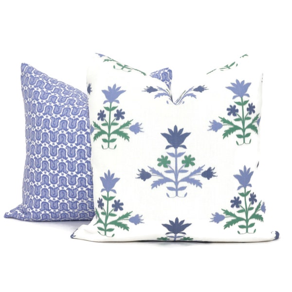 Blue Tulip Indienne Linen Decorative Pillow Cover, Throw Pillow, Accent Pillow, Pillow Sham blue green flower Belgian Linen Danika Herrick