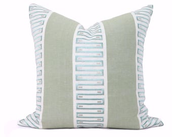 Thibaut Green Raritan Line Embroidery Pillow Cover, Chambray Green and White Stripe