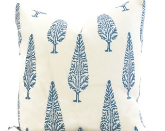 Schumacher Blue Juniper Pillow Cover: Hand Block Printed Linen Cushion