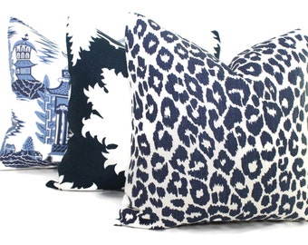 Schumacher Iconic Leopard in Ink Decorative Pillow Cover, 20x20 22x22 Eurosham, Lumbar pillow Toss Pillow, Accent Pillow, Blue Throw Pillow