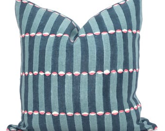 Blue & Pink Wood Block Print Pillow Cover - Schumacher Molly Mahon Luna Stripe