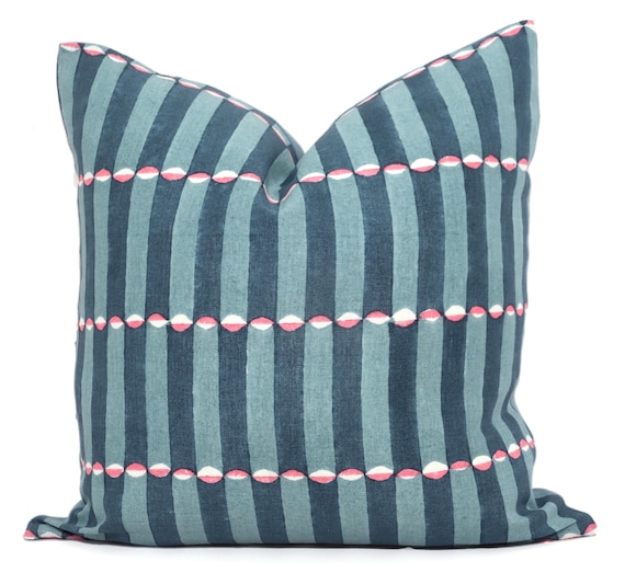 Blue & Pink Wood Block Print Pillow Cover - Schumacher Molly Mahon Luna Stripe
