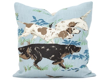 Schumacher Sky Blue Linen Pillow Cover: Hunting Pointer Dogs
