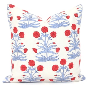 Mughal hand block pint Molly Mahon Decorative Pillow Cover 18x18, 20x20, 22x22, Eurosham or lumbar blue red Schumacher floral