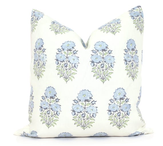 Lisa Fine Mughal Light Blue Floral Pillow Cover: Monsoon Block Print