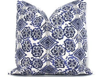 Funda de almohada con estampado de bloques azul cobalto: mezcla de lino y algodón eor rts