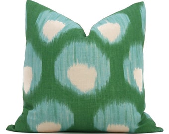 Outdoor Peter Dunham Peacock Green and Aqua Bukhara Decorative Pillow Cover 18x18, 20x20, 22x22, 24x24, Eurosham Lumbar Pillow, Ikat pillow
