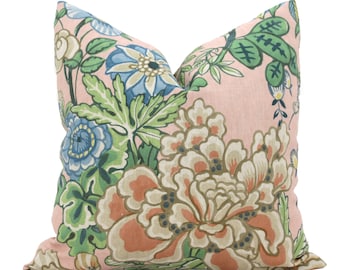 Thibaut Blush Peony Garden Pillow Cover: Floral Linen Cushion