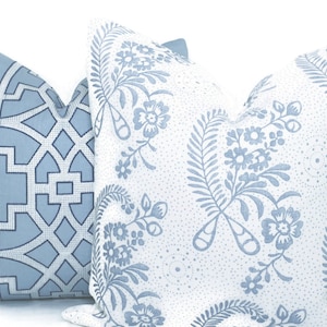 May include: Two decorative throw pillows with blue and white patterns. One pillow has a geometric design, while the other has a floral pattern.