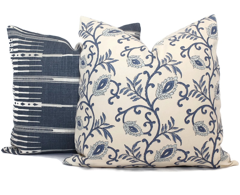 Blue Ivory Jacobean Decorative Pillow Cover 18x18 20x20 Etsy