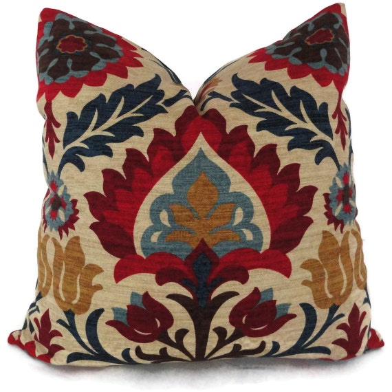 Blue and Red Floral Medallion Decorative Pillow Cover Square Etsy
