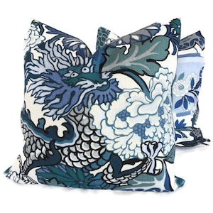 Schumacher Chiang Mai Dragon Pillow Covers: China Blue Linen Throw Pillows (Set of 2)