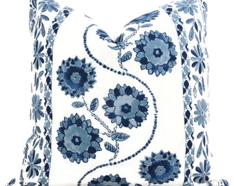Schumacher Blue Zinnia Handprint Pillow Cover: Floral Toss Pillow