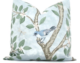 Light Blue Chinoiserie Pillow Cover: Cherry Blossoms & Birds