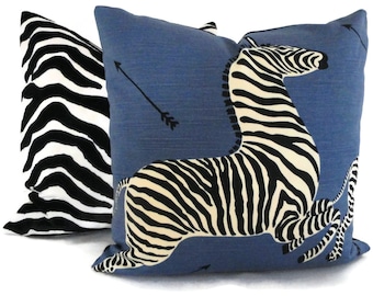 Blue Scalamandre Zebra Decorative Pillow Cover, Square, Euro or Lumbar Pilllow