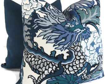 Schumacher Chiang Mai Dragon Pillow Cover: China Blue Linen Decorative Pillow