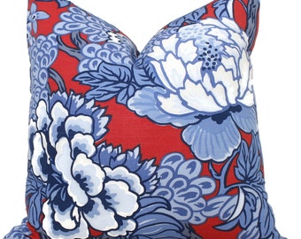 Thibaut Honshu Red and Blue Chinoiserie Floral Decorative Pillow Cover  18x18, 20x20, 22x22, Eurosham or lumbar