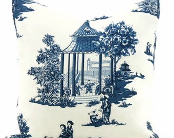 Blue and White Pagoda Pillow Cover: Chinoiserie Linen Cushion