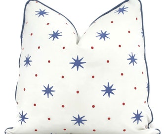 Sister Parish Prussian Blue and Red Serendipity Star Decorative Pillow Cover  18x18, 20x20, 22x22, Eurosham or lumbar, pillow decor