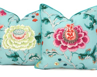 Turquoise Floral Linen Pillow Cover: Magenta Chartreuse Flowers, Athos Design
