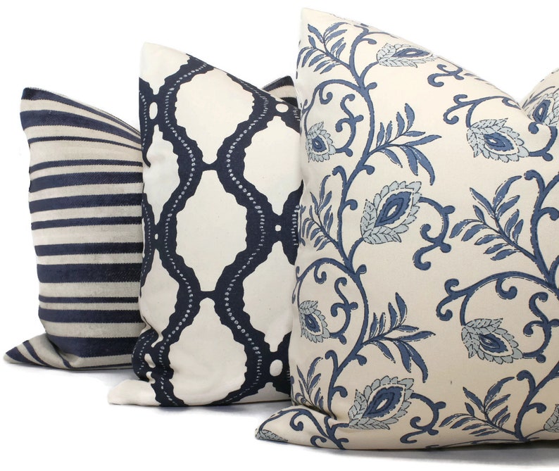 Blue Ivory Jacobean Decorative Pillow Cover 18x18 20x20 Etsy