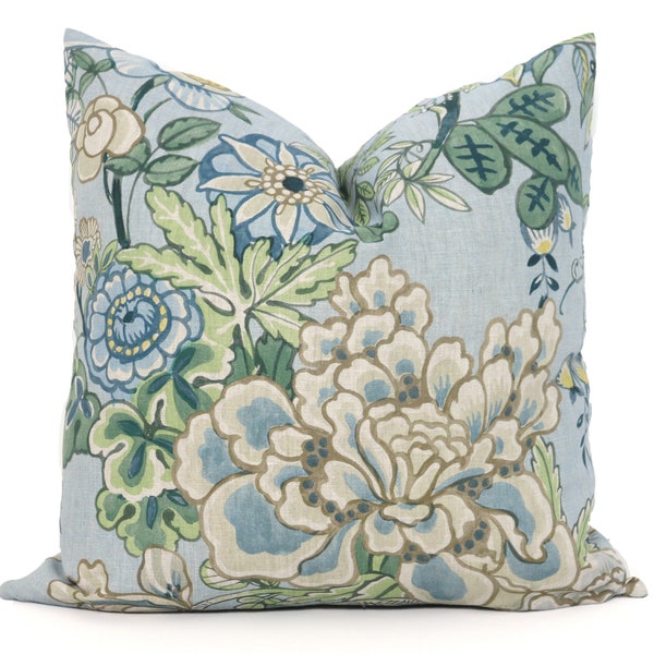Thibaut Spa Peony Garden Pillow Cover: Blue Green Floral Linen Cushion