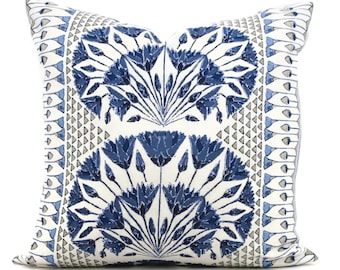 Anna French Cairo Blue Pillow Cover: Thibaut Linen Cotton Blend, Palm Leaf Design