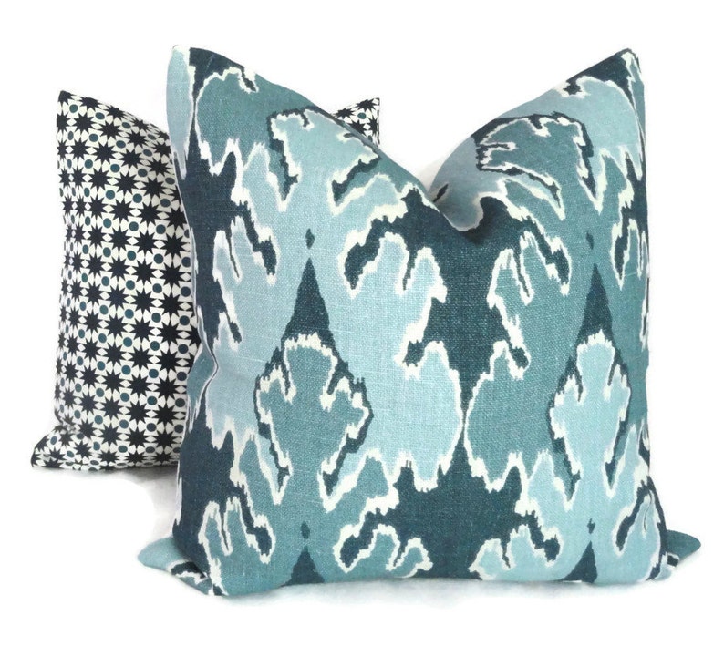 Teal Blue Ikat Pillow Cover Lee Jofa Square, 18x18 Lee Jofa Bengal Bazaar, Throw Pillow, Accent Pillow, Toss Pillow ready to ship. image 2