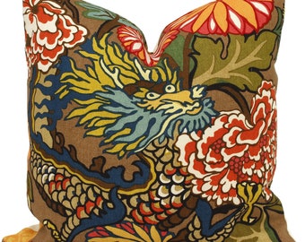 Mocha Schumacher Chiang Mai Dragon Pillow Cover: Art Deco Linen Throw Pillow