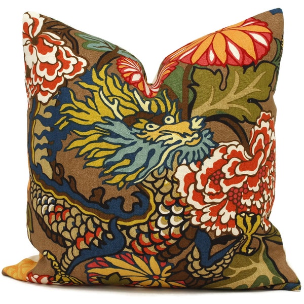 Mocha Schumacher Chiang Mai Dragon Pillow Cover: Art Deco Linen Throw Pillow