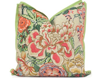 Floral Linen Pillow Cover: Thibaut Peony Garden Green Coral Cushion